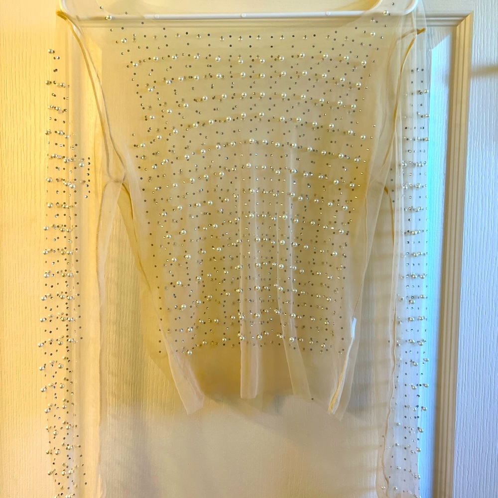 Women's Pearl Rhinestone Long Sleeve Mesh Blouse One Piece Crop Top